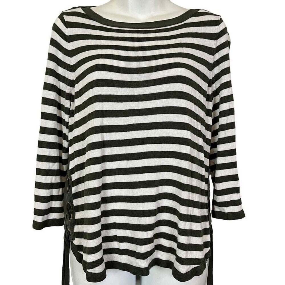 Chicos Womens Lightweight Olive Striped Lace Up Sides Summer Sweater sz 1 / M